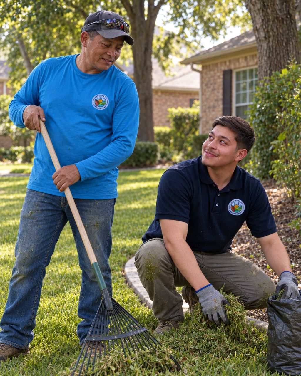 Jose and Julio clearing clippings together on a Katy front lawn