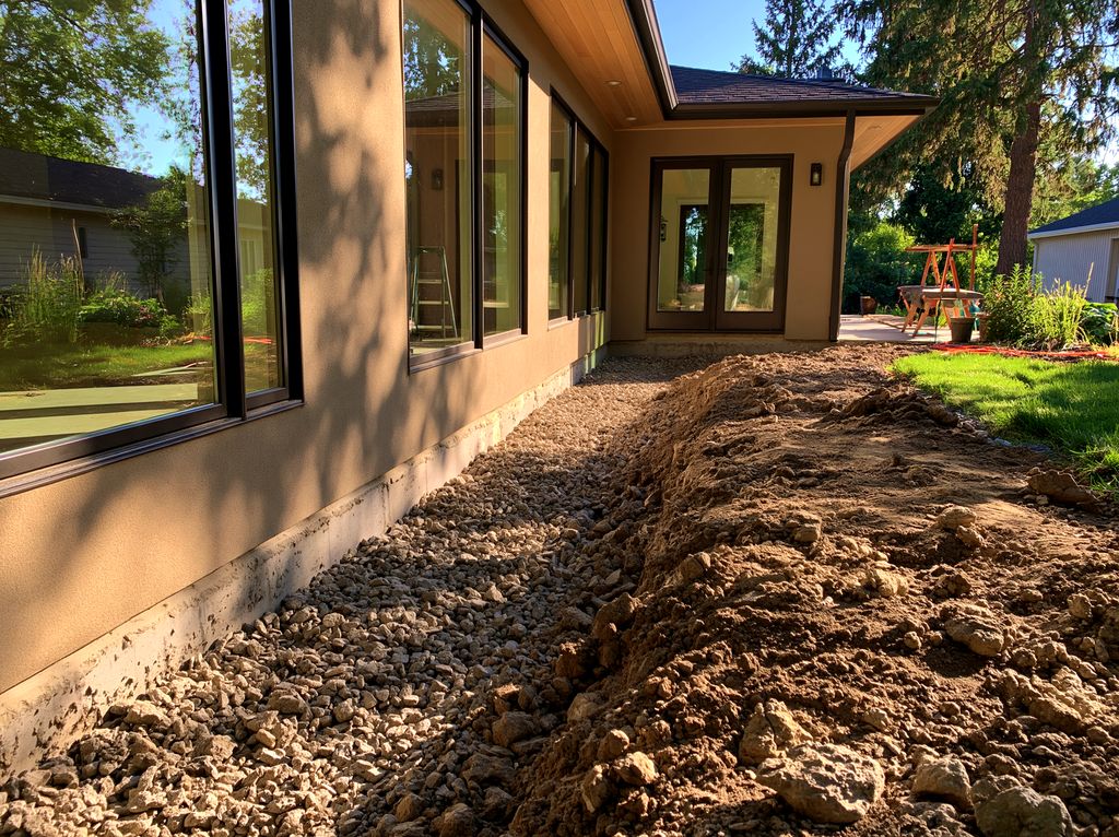 Side yard regraded with a compacted crushed stone drainage bed along the foundation